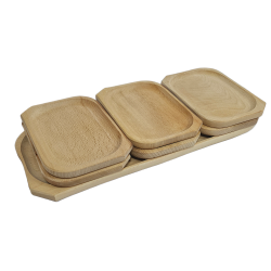 Zestaw drewnianych naczyń taca + 6 talerzyków